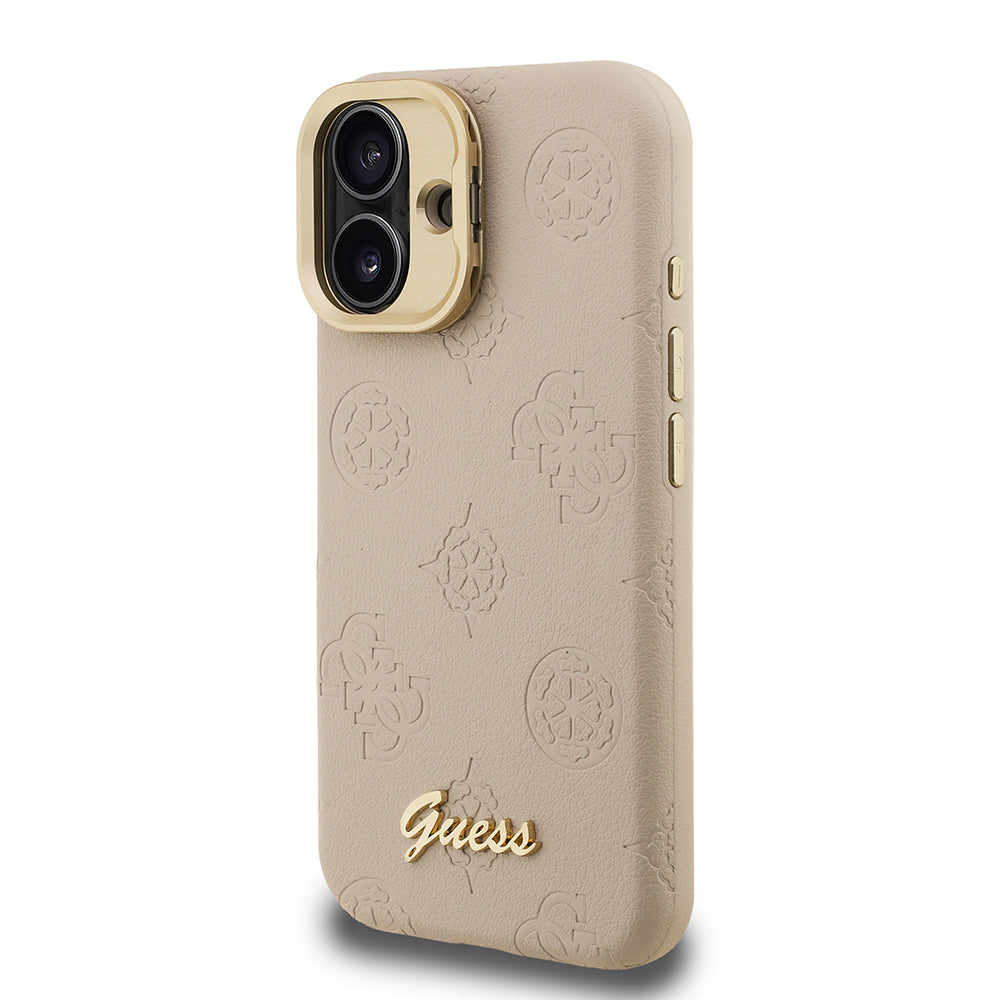 iPhone 16 Kılıf Guess Orjinal Lisanslı M-safe Şarj Özellikli Sıcak Baskılı Yazı Logolu Kamera Standlı PU Deri Peony Kapak