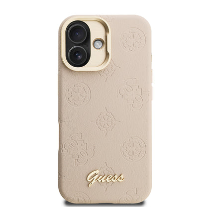 iPhone 16 Kılıf Guess Orjinal Lisanslı M-safe Şarj Özellikli Sıcak Baskılı Yazı Logolu Kamera Standlı PU Deri Peony Kapak