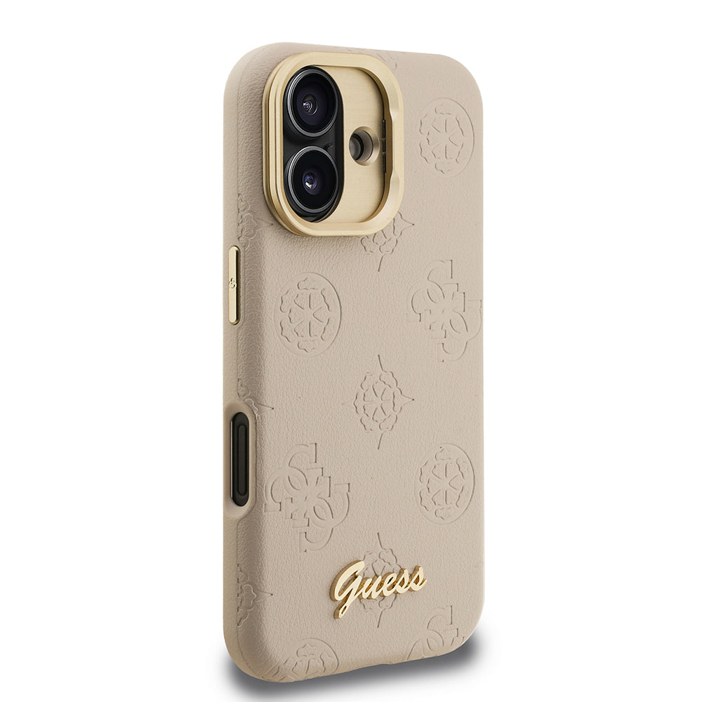iPhone 16 Kılıf Guess Orjinal Lisanslı M-safe Şarj Özellikli Sıcak Baskılı Yazı Logolu Kamera Standlı PU Deri Peony Kapak