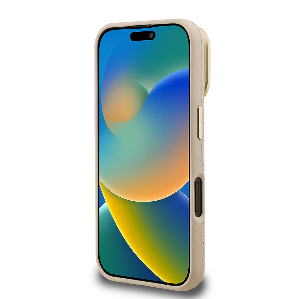 iPhone 16 Kılıf Guess Orjinal Lisanslı M-safe Şarj Özellikli Sıcak Baskılı Yazı Logolu Kamera Standlı PU Deri Peony Kapak