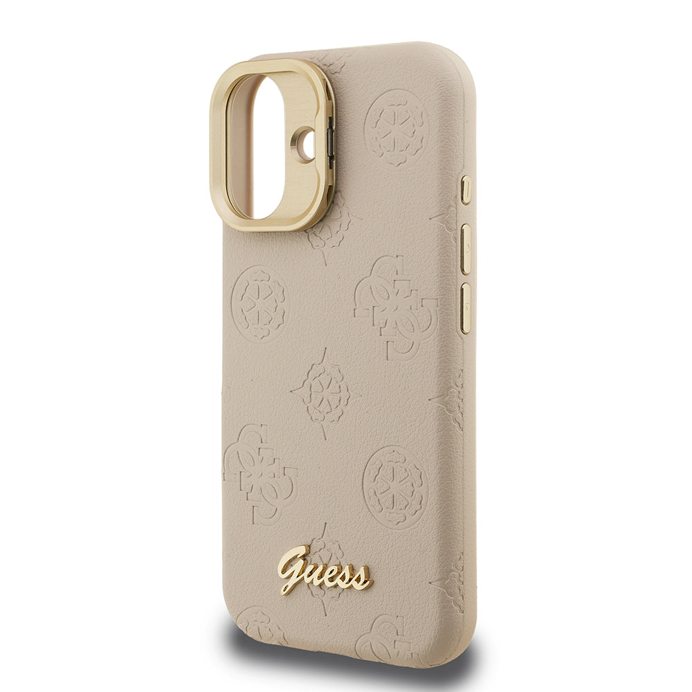 iPhone 16 Kılıf Guess Orjinal Lisanslı M-safe Şarj Özellikli Sıcak Baskılı Yazı Logolu Kamera Standlı PU Deri Peony Kapak