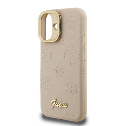 iPhone 16 Kılıf Guess Orjinal Lisanslı M-safe Şarj Özellikli Sıcak Baskılı Yazı Logolu Kamera Standlı PU Deri Peony Kapak