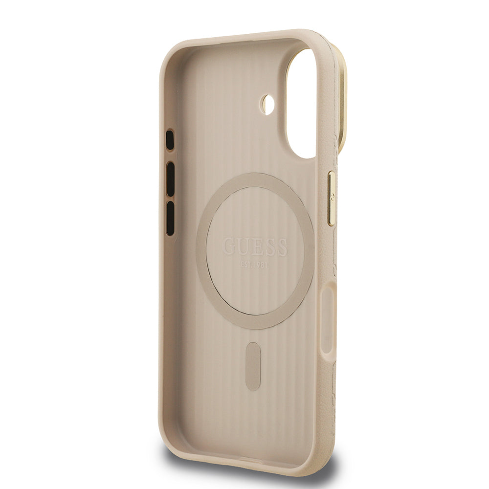iPhone 16 Kılıf Guess Orjinal Lisanslı M-safe Şarj Özellikli Sıcak Baskılı Yazı Logolu Kamera Standlı PU Deri Peony Kapak