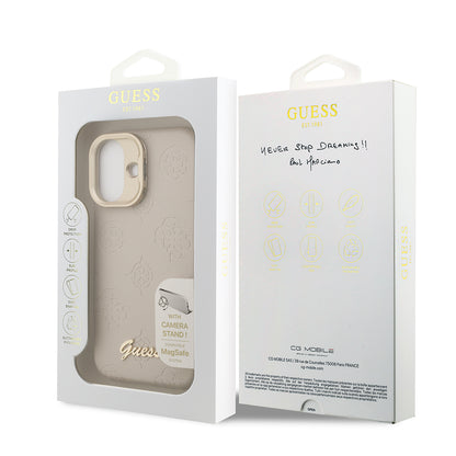 iPhone 16 Kılıf Guess Orjinal Lisanslı M-safe Şarj Özellikli Sıcak Baskılı Yazı Logolu Kamera Standlı PU Deri Peony Kapak