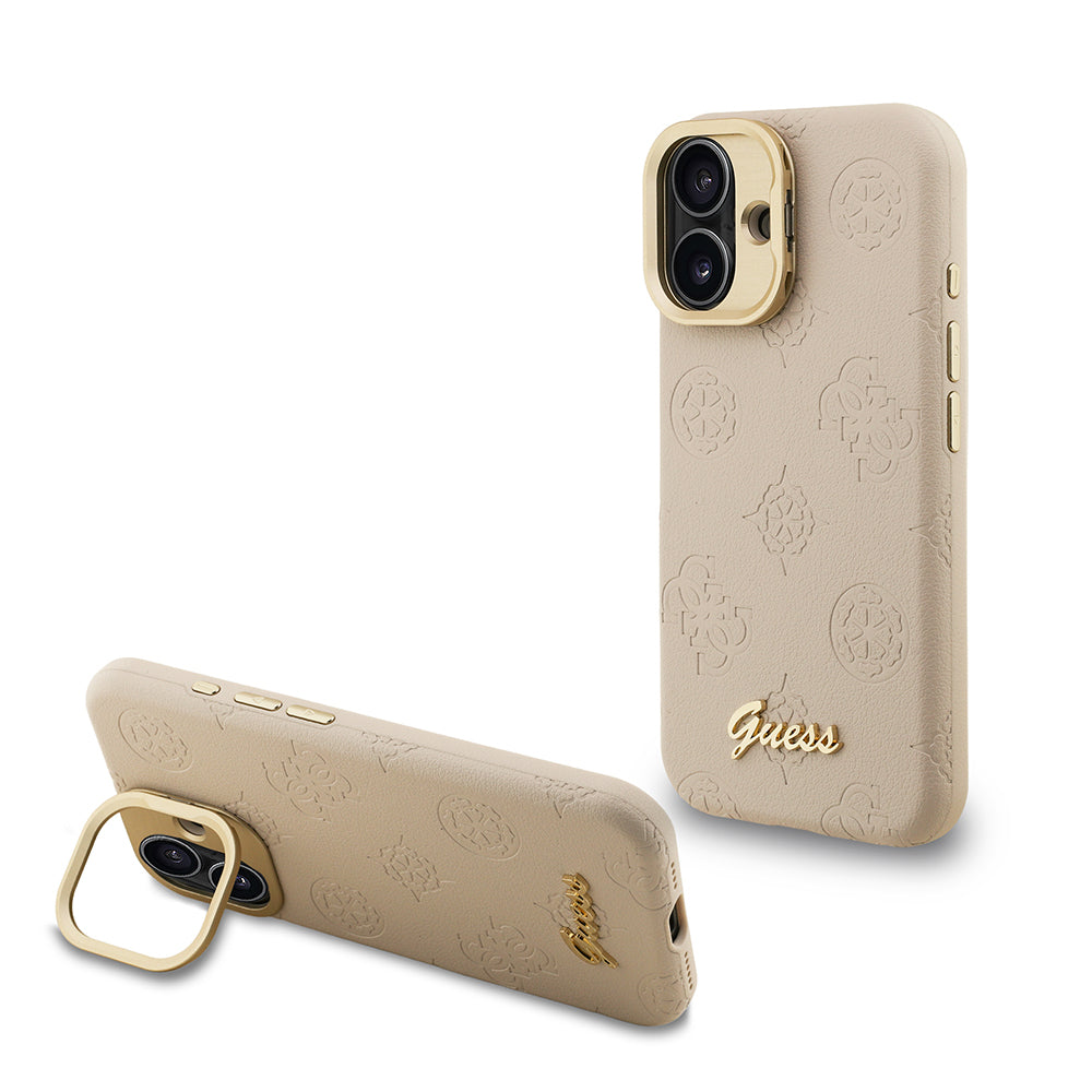 iPhone 16 Kılıf Guess Orjinal Lisanslı M-safe Şarj Özellikli Sıcak Baskılı Yazı Logolu Kamera Standlı PU Deri Peony Kapak