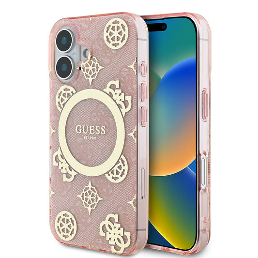 iPhone 16 Kılıf Guess Orjinal Lisanslı M-safe Şarj Özellikli 4G Desenli IML Yazı Logolu Peony Kapak