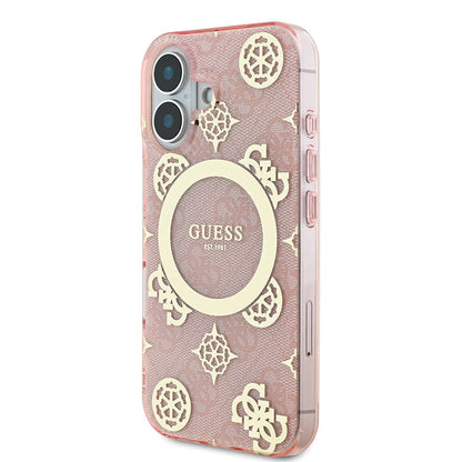 iPhone 16 Kılıf Guess Orjinal Lisanslı M-safe Şarj Özellikli 4G Desenli IML Yazı Logolu Peony Kapak