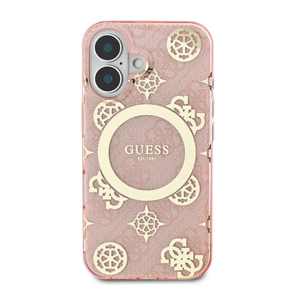 iPhone 16 Kılıf Guess Orjinal Lisanslı M-safe Şarj Özellikli 4G Desenli IML Yazı Logolu Peony Kapak