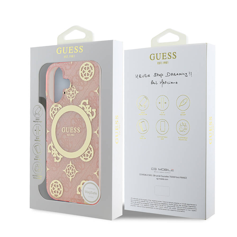 iPhone 16 Kılıf Guess Orjinal Lisanslı M-safe Şarj Özellikli 4G Desenli IML Yazı Logolu Peony Kapak