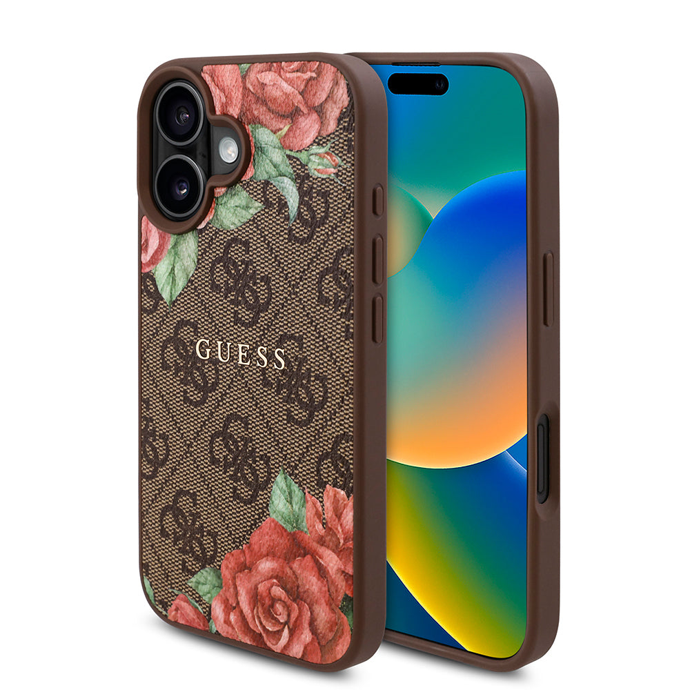 iPhone 16 Kılıf Guess Orjinal Lisanslı M-safe Şarj Özellikli Gül Baskılı 4G Desenli Yazı Logolu Kapak