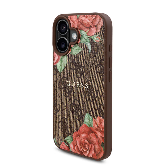 iPhone 16 Kılıf Guess Orjinal Lisanslı M-safe Şarj Özellikli Gül Baskılı 4G Desenli Yazı Logolu Kapak