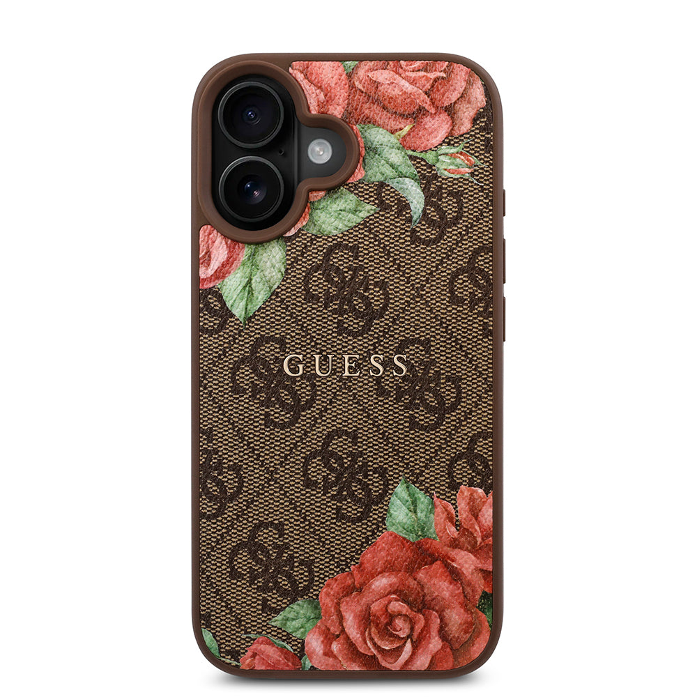 iPhone 16 Kılıf Guess Orjinal Lisanslı M-safe Şarj Özellikli Gül Baskılı 4G Desenli Yazı Logolu Kapak
