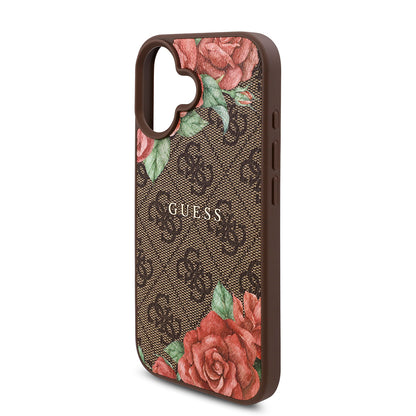 iPhone 16 Kılıf Guess Orjinal Lisanslı M-safe Şarj Özellikli Gül Baskılı 4G Desenli Yazı Logolu Kapak