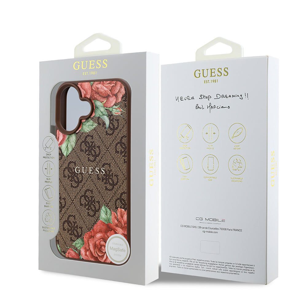 iPhone 16 Kılıf Guess Orjinal Lisanslı M-safe Şarj Özellikli Gül Baskılı 4G Desenli Yazı Logolu Kapak