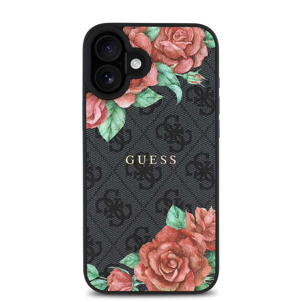 iPhone 16 Kılıf Guess Orjinal Lisanslı M-safe Şarj Özellikli Gül Baskılı 4G Desenli Yazı Logolu Kapak