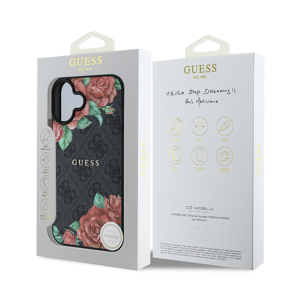 iPhone 16 Kılıf Guess Orjinal Lisanslı M-safe Şarj Özellikli Gül Baskılı 4G Desenli Yazı Logolu Kapak