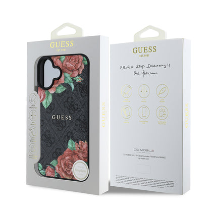 iPhone 16 Kılıf Guess Orjinal Lisanslı M-safe Şarj Özellikli Gül Baskılı 4G Desenli Yazı Logolu Kapak