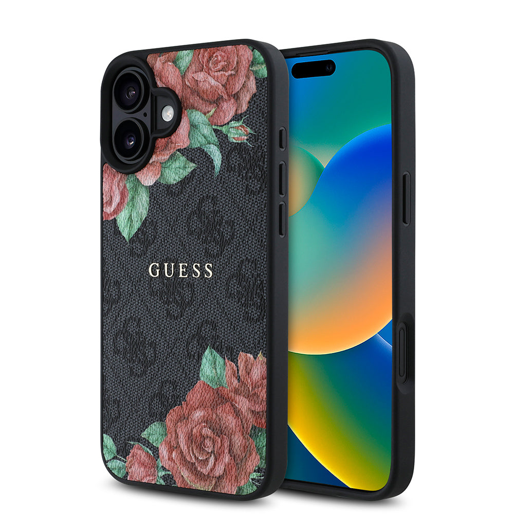 iPhone 16 Kılıf Guess Orjinal Lisanslı M-safe Şarj Özellikli Gül Baskılı 4G Desenli Yazı Logolu Kapak