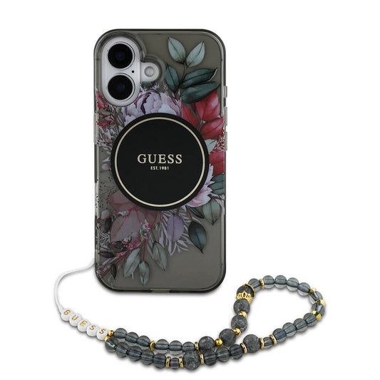 iPhone 16 Kılıf Guess Orjinal Lisanslı M-safe Şarj Özellikli IML Baskılı Çiçek İnci Bileklikli Kapak