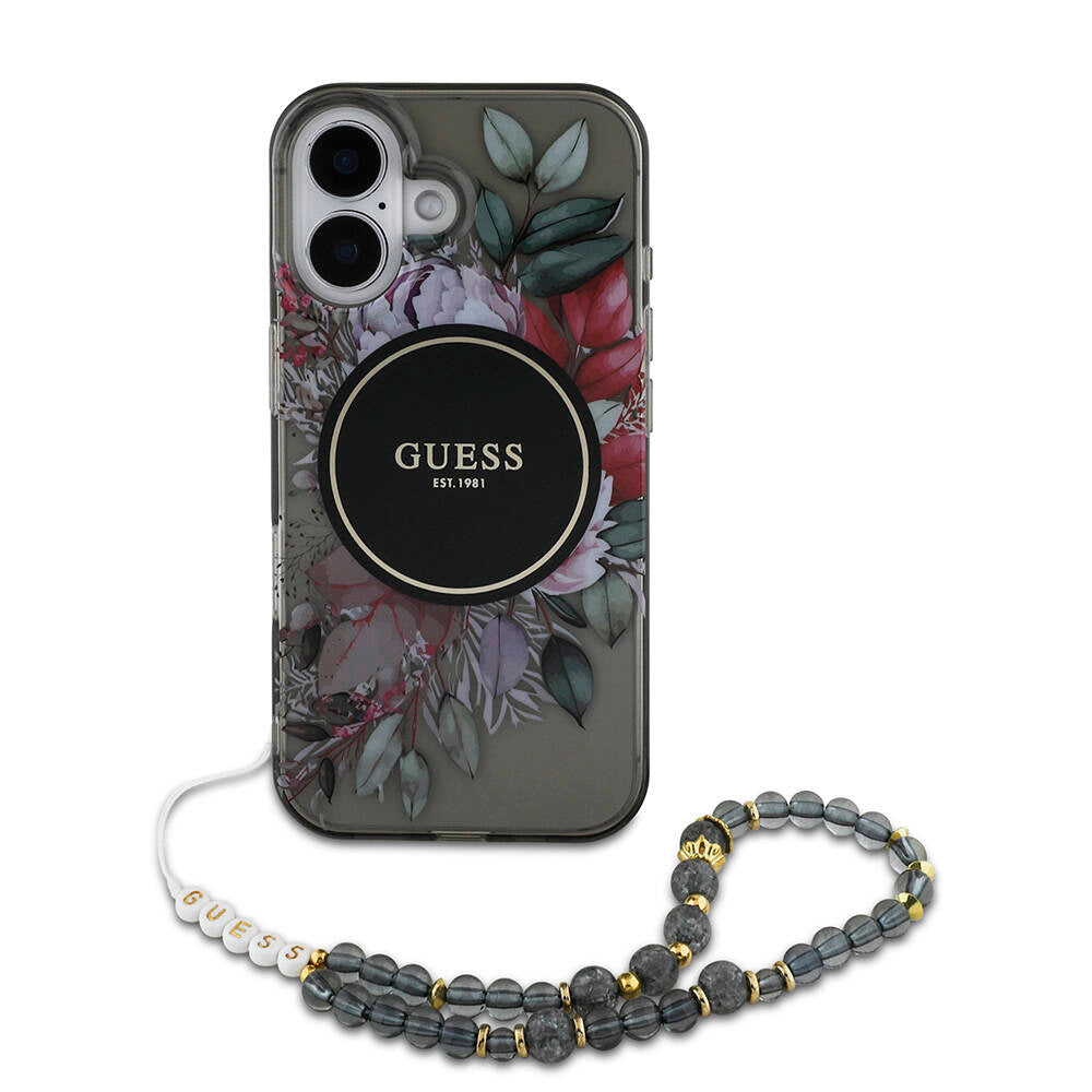 iPhone 16 Kılıf Guess Orjinal Lisanslı M-safe Şarj Özellikli IML Baskılı Çiçek İnci Bileklikli Kapak