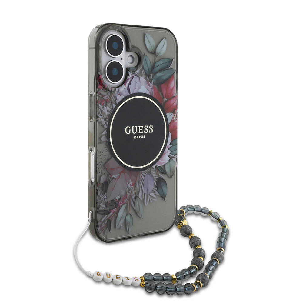 iPhone 16 Kılıf Guess Orjinal Lisanslı M-safe Şarj Özellikli IML Baskılı Çiçek İnci Bileklikli Kapak