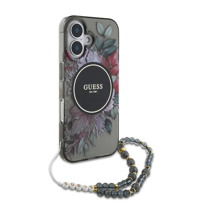iPhone 16 Kılıf Guess Orjinal Lisanslı M-safe Şarj Özellikli IML Baskılı Çiçek İnci Bileklikli Kapak