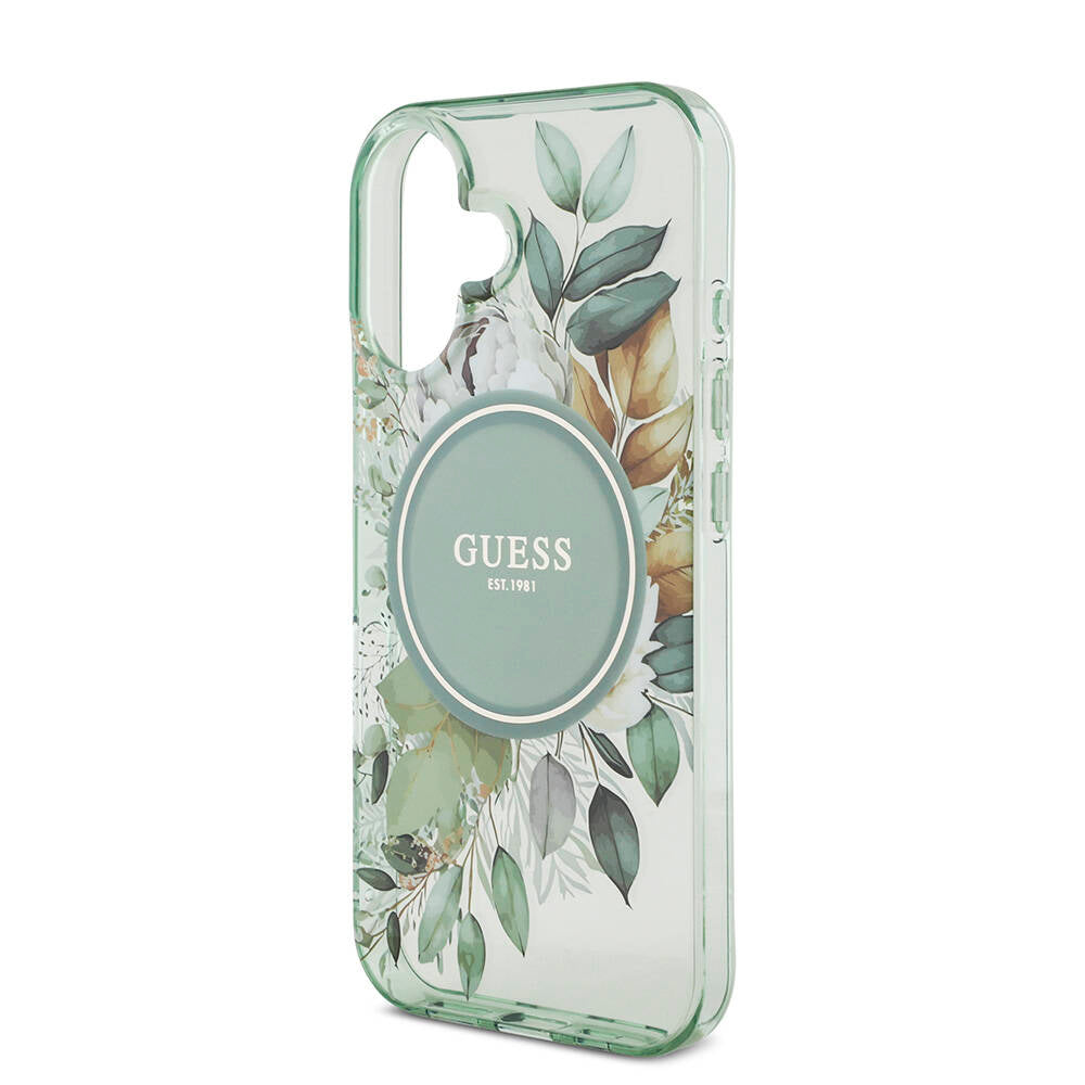 iPhone 16 Kılıf Guess Orjinal Lisanslı M-safe Şarj Özellikli IML Baskılı Çiçek İnci Bileklikli Kapak