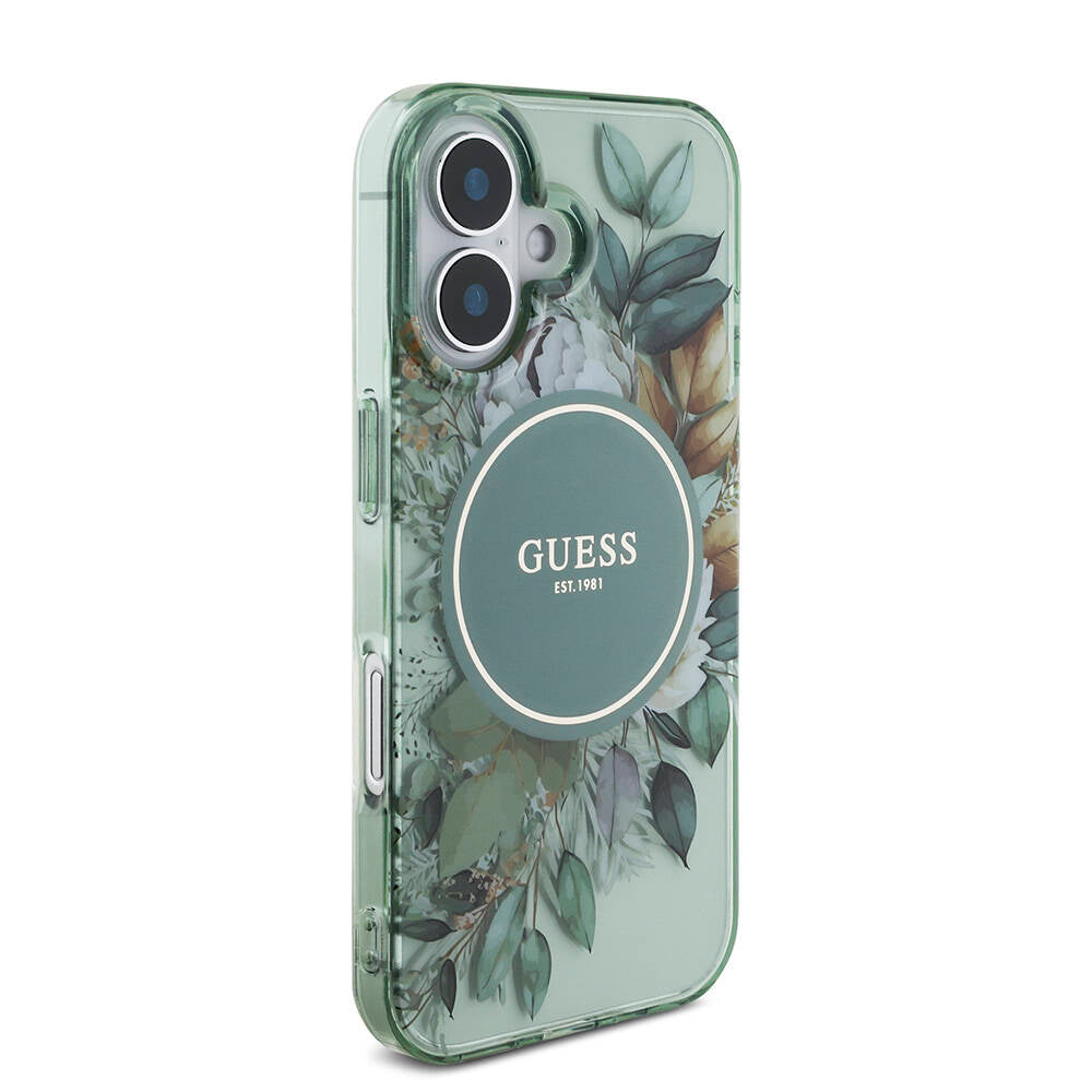 iPhone 16 Kılıf Guess Orjinal Lisanslı M-safe Şarj Özellikli IML Baskılı Çiçek İnci Bileklikli Kapak