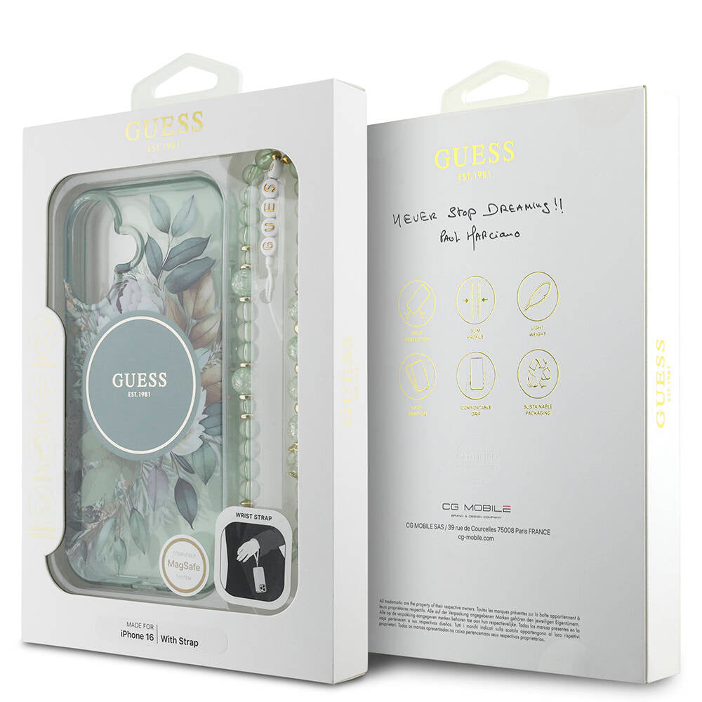 iPhone 16 Kılıf Guess Orjinal Lisanslı M-safe Şarj Özellikli IML Baskılı Çiçek İnci Bileklikli Kapak