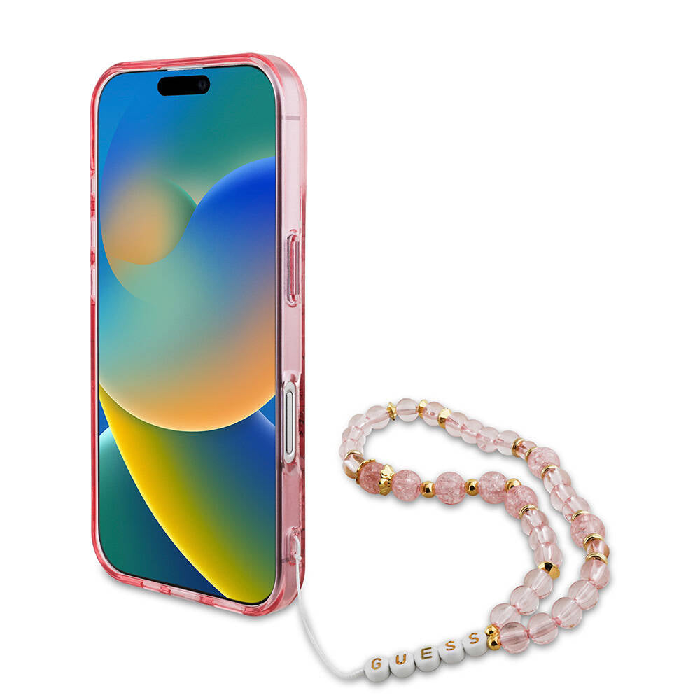 iPhone 16 Kılıf Guess Orjinal Lisanslı M-safe Şarj Özellikli IML Baskılı Çiçek İnci Bileklikli Kapak
