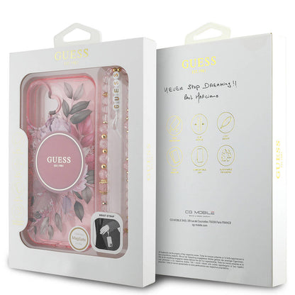 iPhone 16 Kılıf Guess Orjinal Lisanslı M-safe Şarj Özellikli IML Baskılı Çiçek İnci Bileklikli Kapak