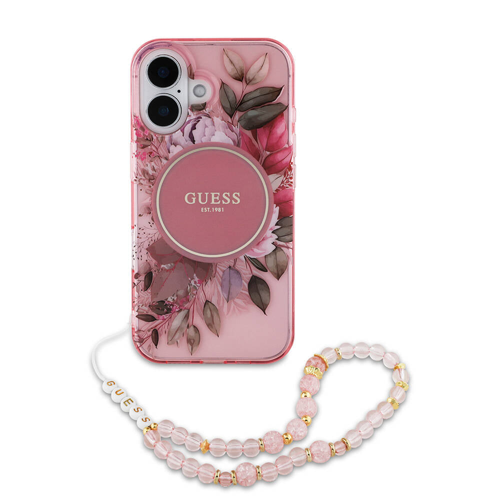iPhone 16 Kılıf Guess Orjinal Lisanslı M-safe Şarj Özellikli IML Baskılı Çiçek İnci Bileklikli Kapak