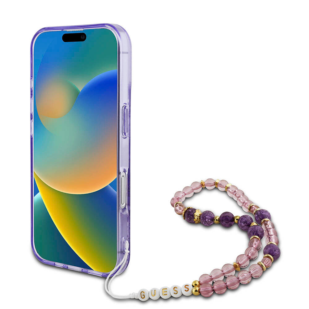 iPhone 16 Kılıf Guess Orjinal Lisanslı M-safe Şarj Özellikli IML Baskılı Çiçek İnci Bileklikli Kapak