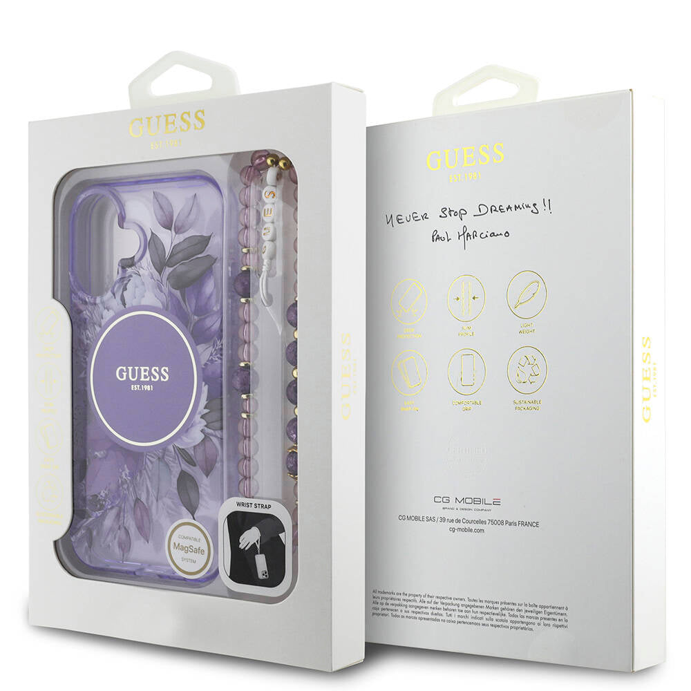 iPhone 16 Kılıf Guess Orjinal Lisanslı M-safe Şarj Özellikli IML Baskılı Çiçek İnci Bileklikli Kapak