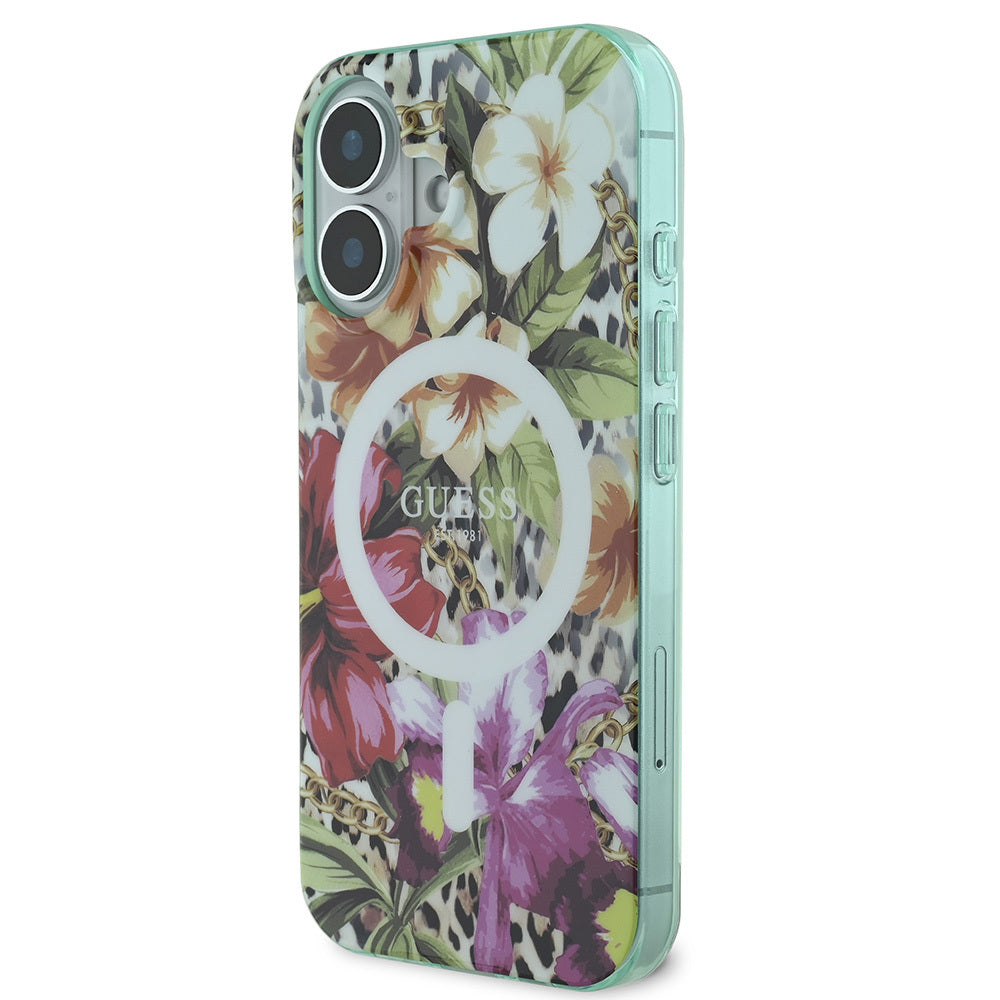 iPhone 16 Kılıf Guess Orjinal Lisanslı M-safe Şarj Özellikli IML Baskılı Jungle Ring Kapak