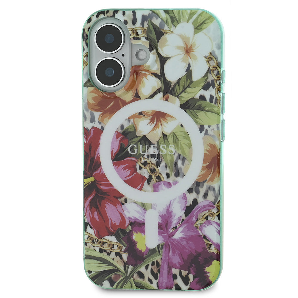 iPhone 16 Kılıf Guess Orjinal Lisanslı M-safe Şarj Özellikli IML Baskılı Jungle Ring Kapak
