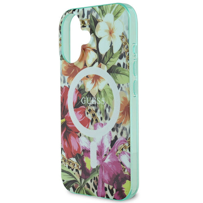 iPhone 16 Kılıf Guess Orjinal Lisanslı M-safe Şarj Özellikli IML Baskılı Jungle Ring Kapak