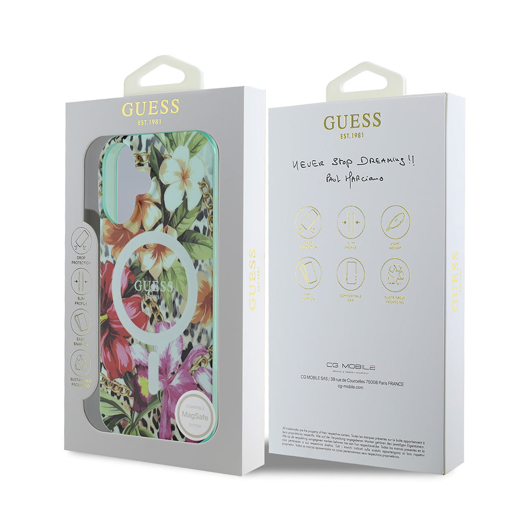 iPhone 16 Kılıf Guess Orjinal Lisanslı M-safe Şarj Özellikli IML Baskılı Jungle Ring Kapak
