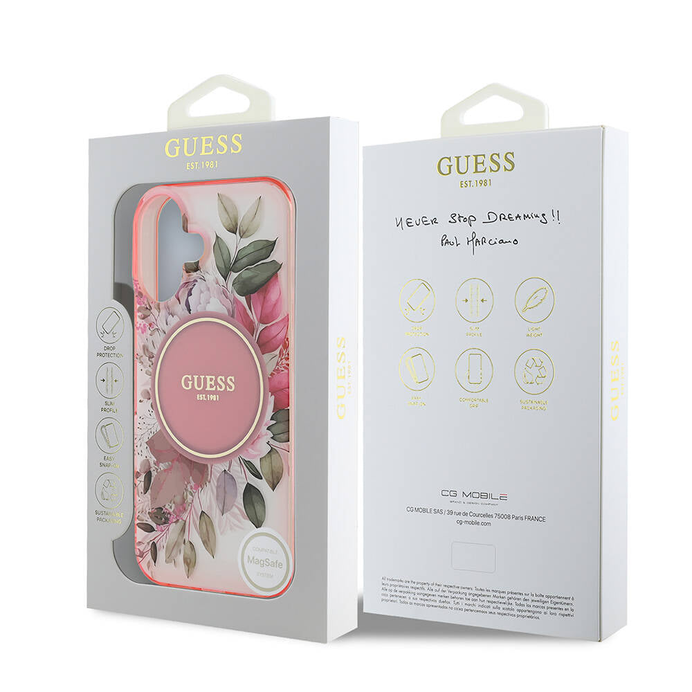 iPhone 16 Kılıf Guess Orjinal Lisanslı M-safe Şarj Özellikli IML Baskılı Yazı Logolu Flower Tonal Circle Kapak