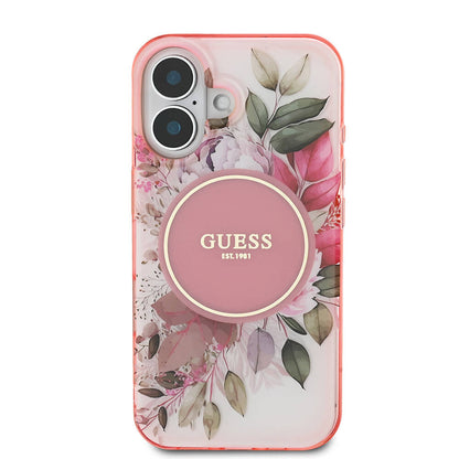 iPhone 16 Kılıf Guess Orjinal Lisanslı M-safe Şarj Özellikli IML Baskılı Yazı Logolu Flower Tonal Circle Kapak