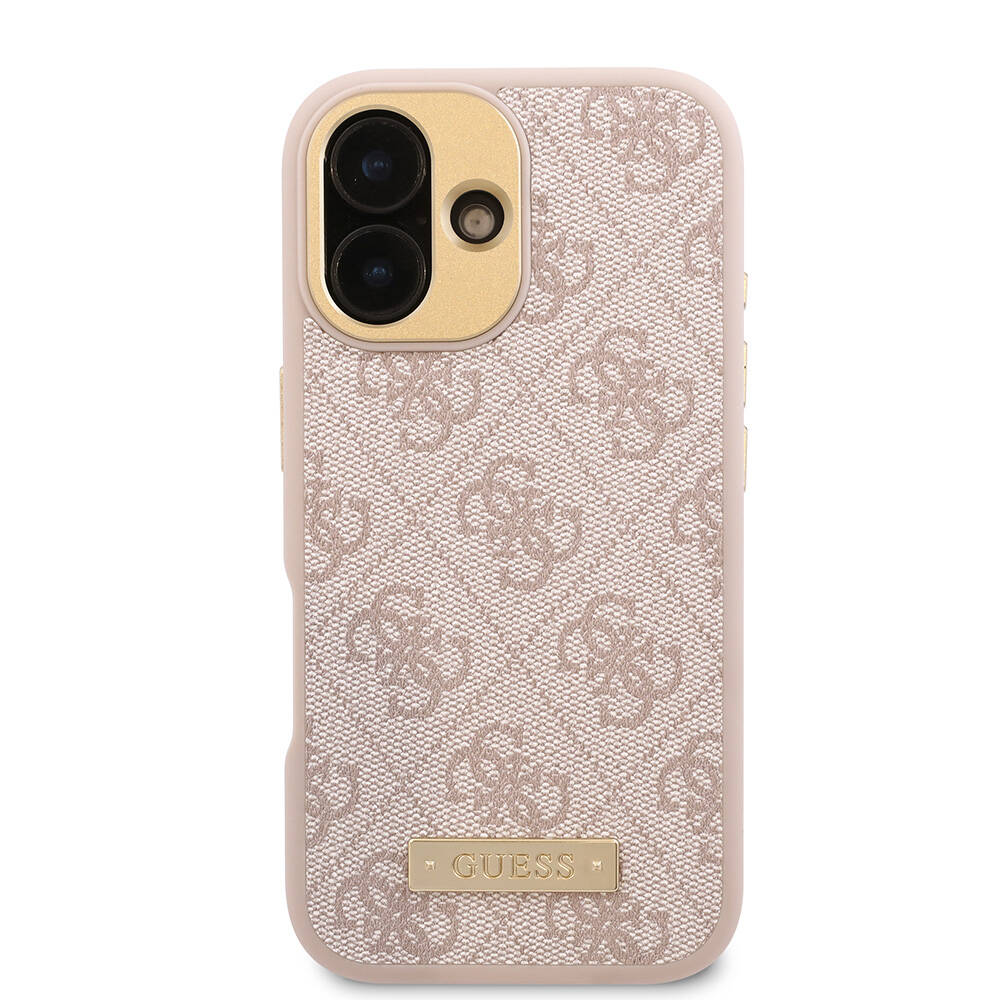 iPhone 16 Kılıf Guess Orjinal Lisanslı M-safe Şarj Özellikli PU 4G Desenli Metal Plaka Klasik Logolu Kapak