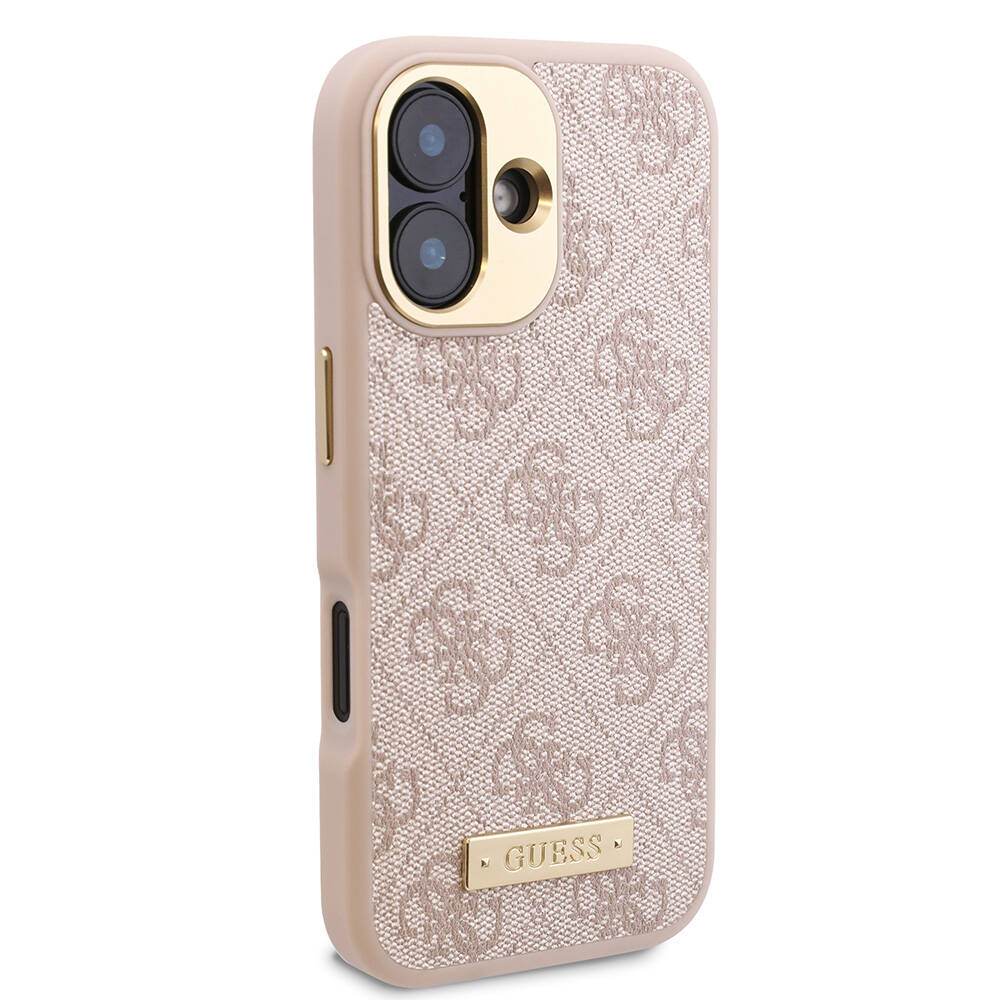 iPhone 16 Kılıf Guess Orjinal Lisanslı M-safe Şarj Özellikli PU 4G Desenli Metal Plaka Klasik Logolu Kapak