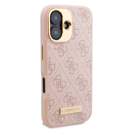 iPhone 16 Kılıf Guess Orjinal Lisanslı M-safe Şarj Özellikli PU 4G Desenli Metal Plaka Klasik Logolu Kapak