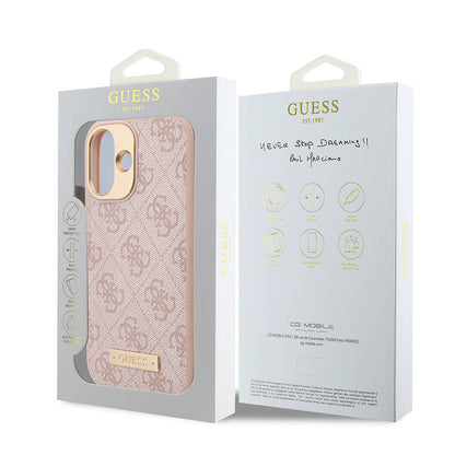 iPhone 16 Kılıf Guess Orjinal Lisanslı M-safe Şarj Özellikli PU 4G Desenli Metal Plaka Klasik Logolu Kapak