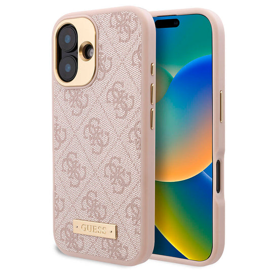iPhone 16 Kılıf Guess Orjinal Lisanslı M-safe Şarj Özellikli PU 4G Desenli Metal Plaka Klasik Logolu Kapak