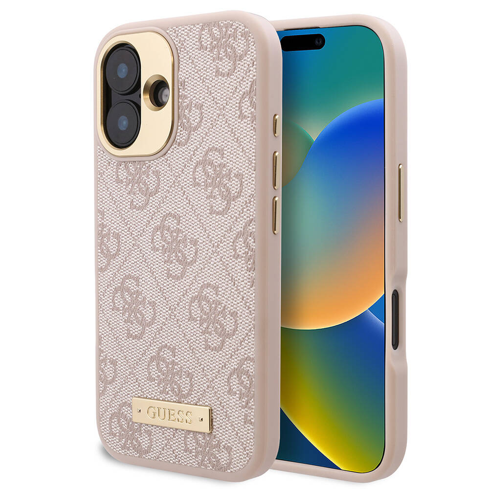 iPhone 16 Kılıf Guess Orjinal Lisanslı M-safe Şarj Özellikli PU 4G Desenli Metal Plaka Klasik Logolu Kapak
