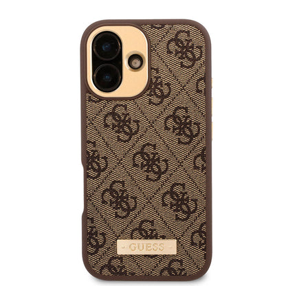 iPhone 16 Kılıf Guess Orjinal Lisanslı M-safe Şarj Özellikli PU 4G Desenli Metal Plaka Klasik Logolu Kapak