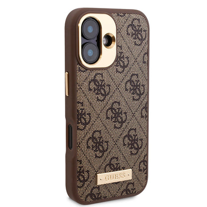 iPhone 16 Kılıf Guess Orjinal Lisanslı M-safe Şarj Özellikli PU 4G Desenli Metal Plaka Klasik Logolu Kapak