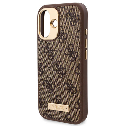 iPhone 16 Kılıf Guess Orjinal Lisanslı M-safe Şarj Özellikli PU 4G Desenli Metal Plaka Klasik Logolu Kapak