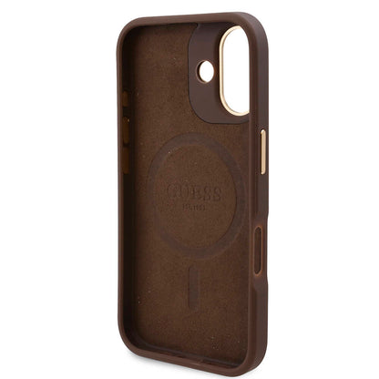 iPhone 16 Kılıf Guess Orjinal Lisanslı M-safe Şarj Özellikli PU 4G Desenli Metal Plaka Klasik Logolu Kapak